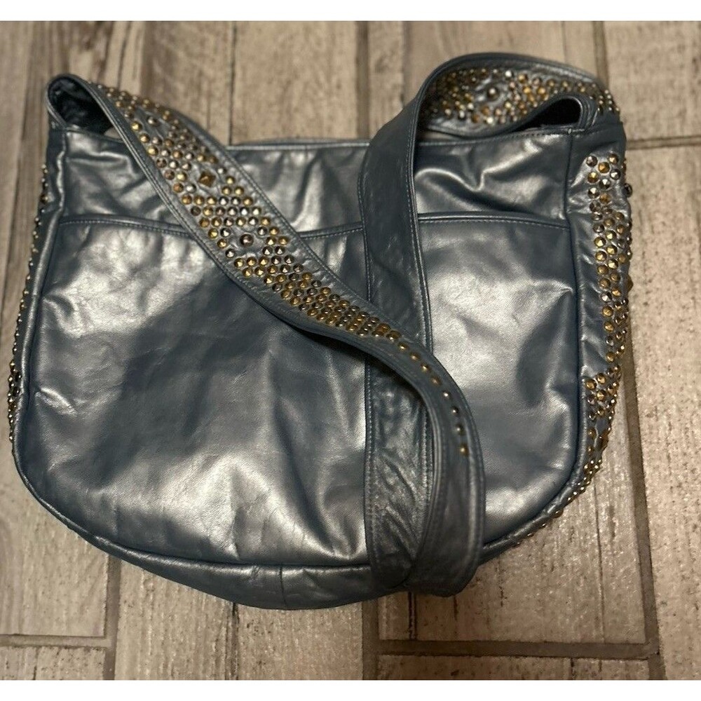 Vintage 1980’s Shiny BlueHobo Genuine Leather Shoulder Bag Metallic Gold Studded